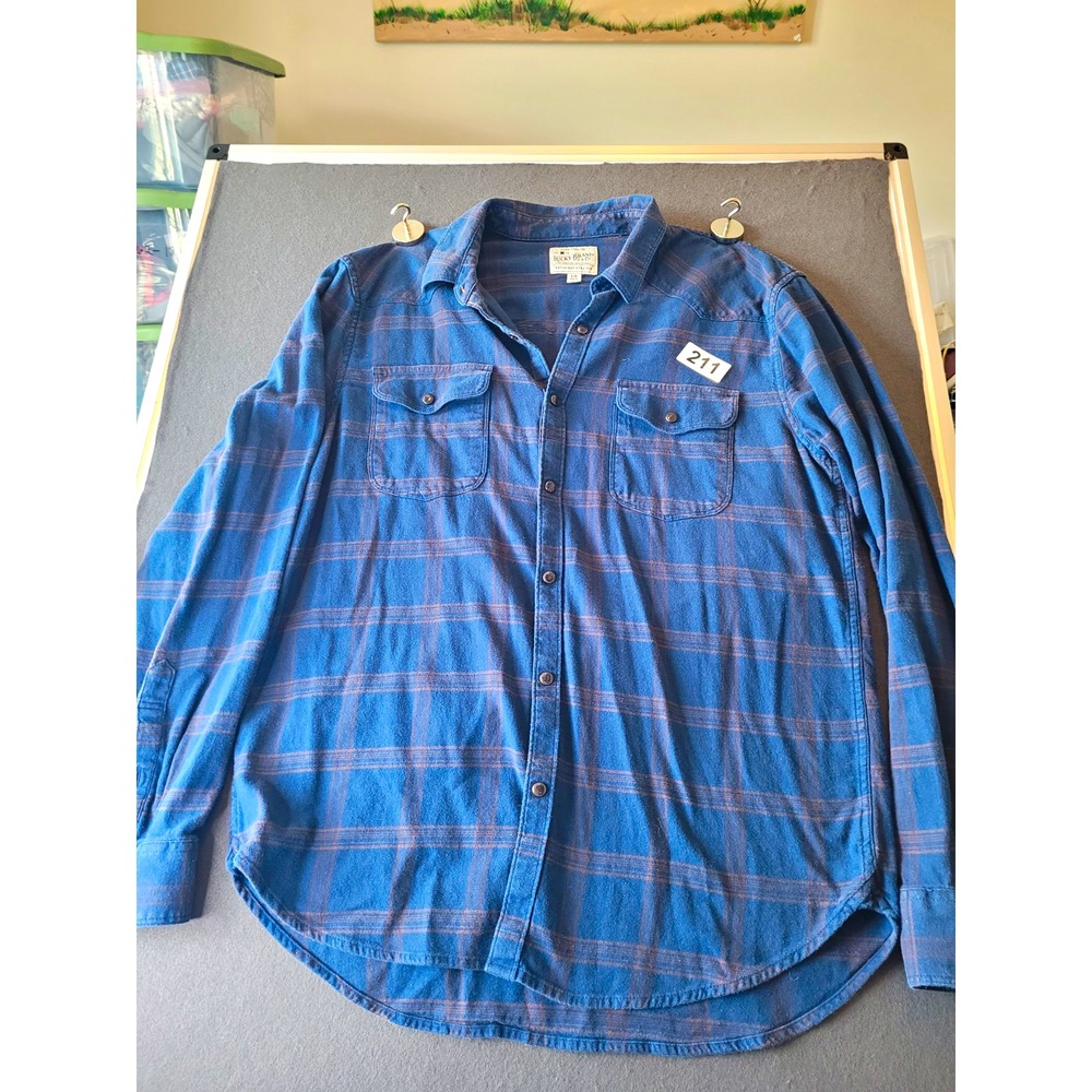 Lucky Brand Saturday Stretch Men's L Blue Plaid Flannel LS Pearl Buttons